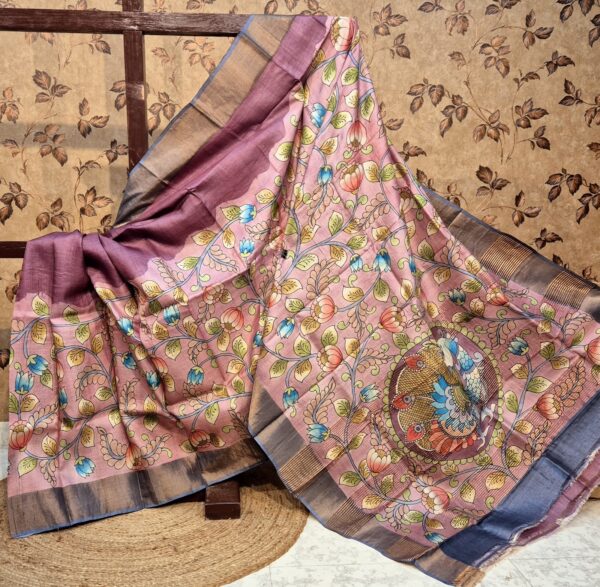 HAND KALAMKARI ON ZARI BORDER TUSSAR SAREE WITH BLOUSE.a