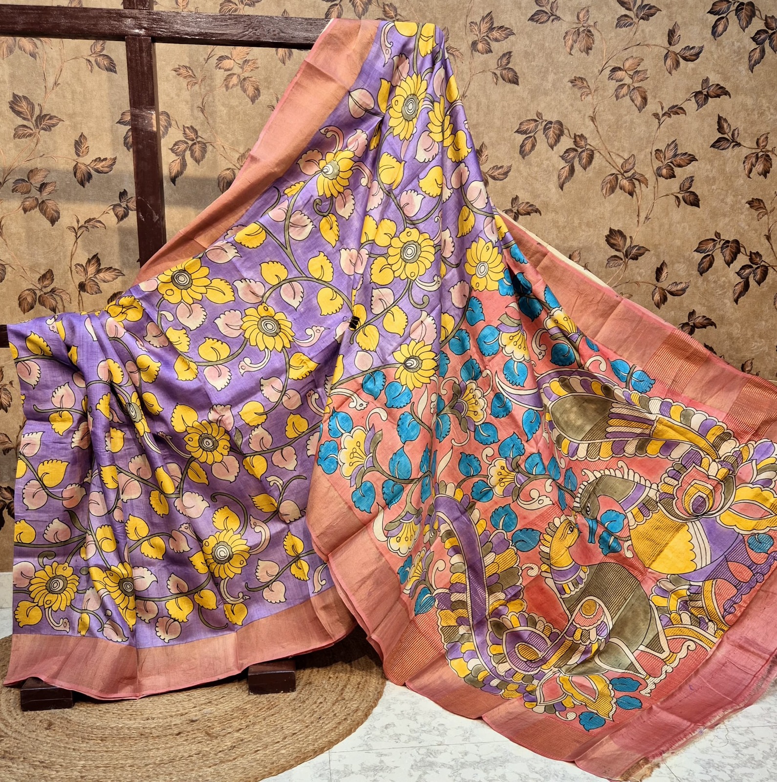 HAND KALAMKARI ON ZARI BORDER TUSSAR SAREE WITH BLOUSE.